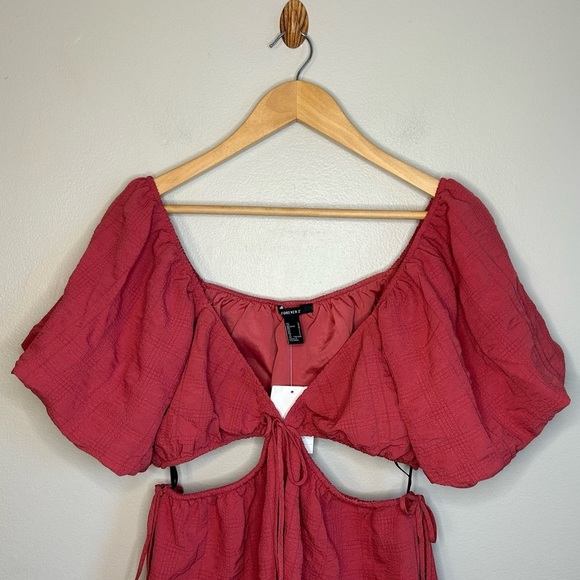 NWT Forever 21 Red Jacquard Puff Sleeve Cutout Mini Dress - Picture 5 of 12